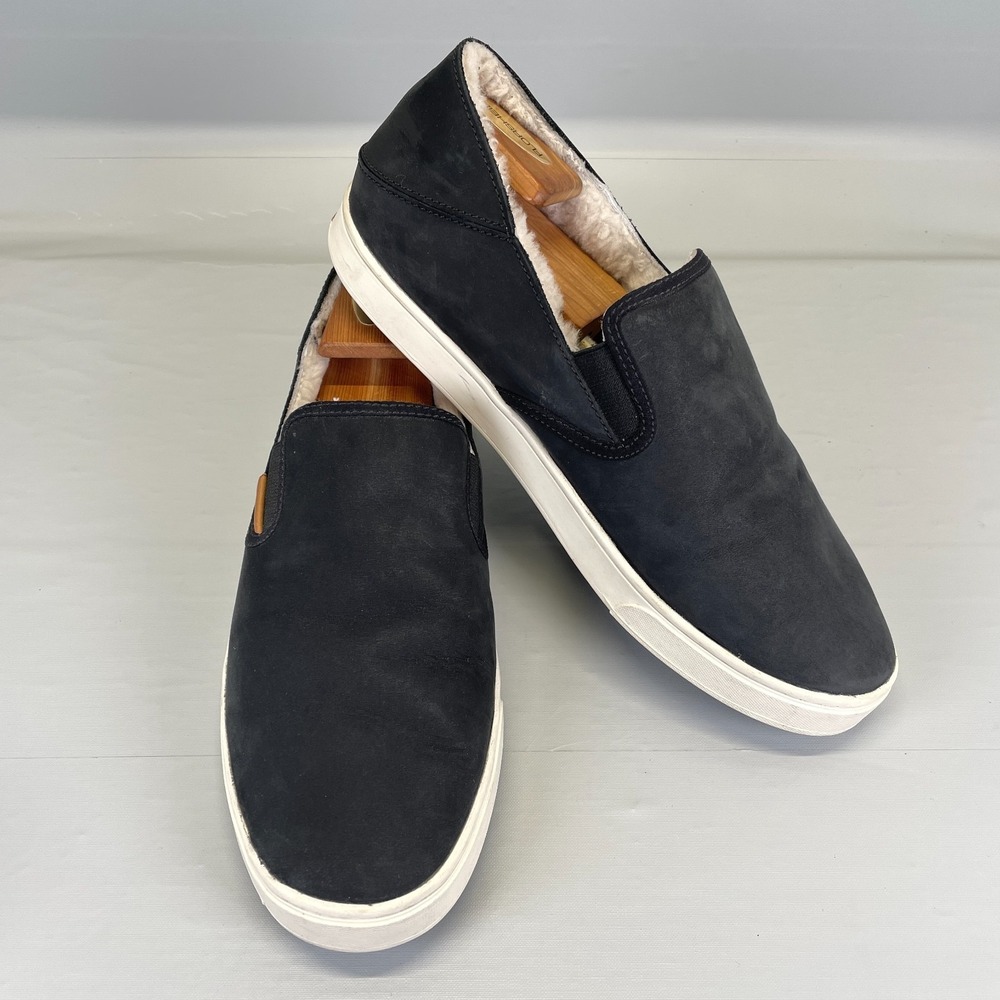 Olukai Pehuea Heu Shoes Womens Size 11 Black Nubuck Shearling Wool Lined Sneaker - Picture 2 of 10
